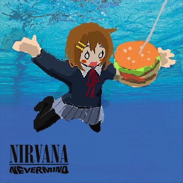 :o aiu404l album_cover black_legwear blush brown_hair burger collar cover fishing_line food hair_ornament hairclip hirasawa_yui k-on! lowres necktie nevermind nirvana_(band) pantyhose parody skirt swimming tagme underwater