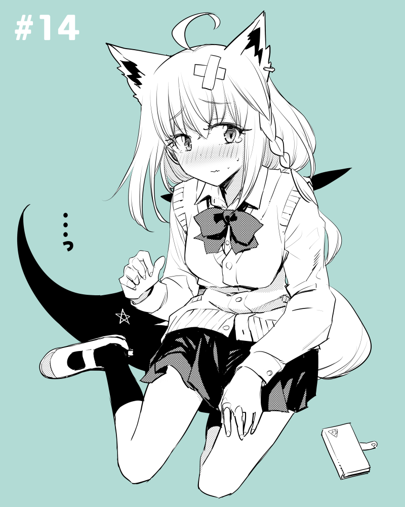 1girl ahoge animal_ears aqua_theme bangs blush bow bowtie braid cardigan commentary_request earrings eyebrows_visible_through_hair fox_ears fox_girl fox_tail hair_between_eyes hair_bow hololive hololive_error jewelry kurose_kousuke loafers long_hair long_sleeves looking_at_viewer monochrome pentagram shirakami_fubuki shoes sidelocks single_braid sitting skirt smartphone_case socks solo tail virtual_youtuber wavy_mouth