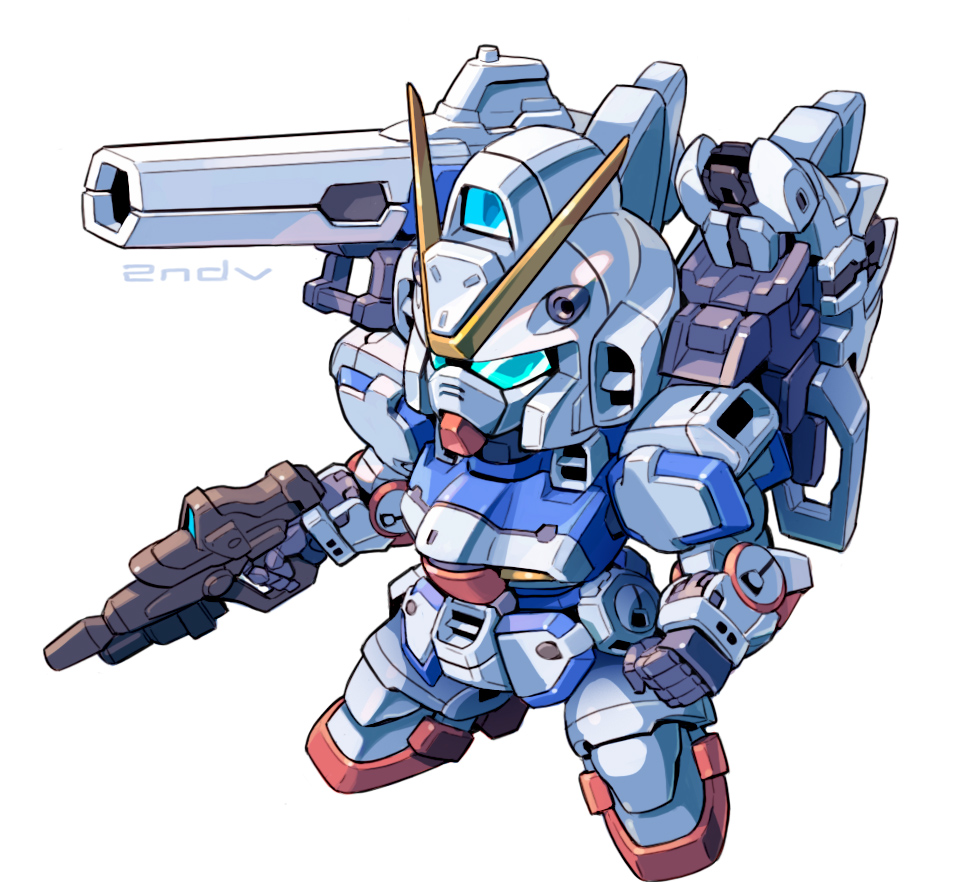 beam_rifle blue_eyes character_name chibi clenched_hand energy_gun gun gundam holding holding_gun holding_weapon mecha mobile_suit no_humans science_fiction second_victory_gundam solo taedu v-fin victory_gundam weapon white_background