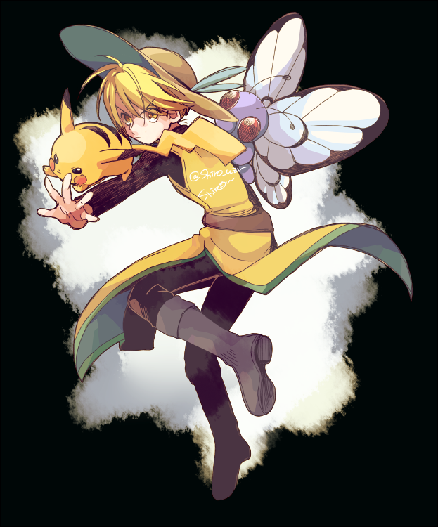 1girl bangs belt blonde_hair boots brown_belt brown_headwear butterfree closed_mouth commentary_request grey_footwear hat outstretched_arm pants pikachu pokemon pokemon_(creature) pokemon_adventures shirou_(shiro_uzr) shirt short_hair tunic yellow_(pokemon) yellow_eyes