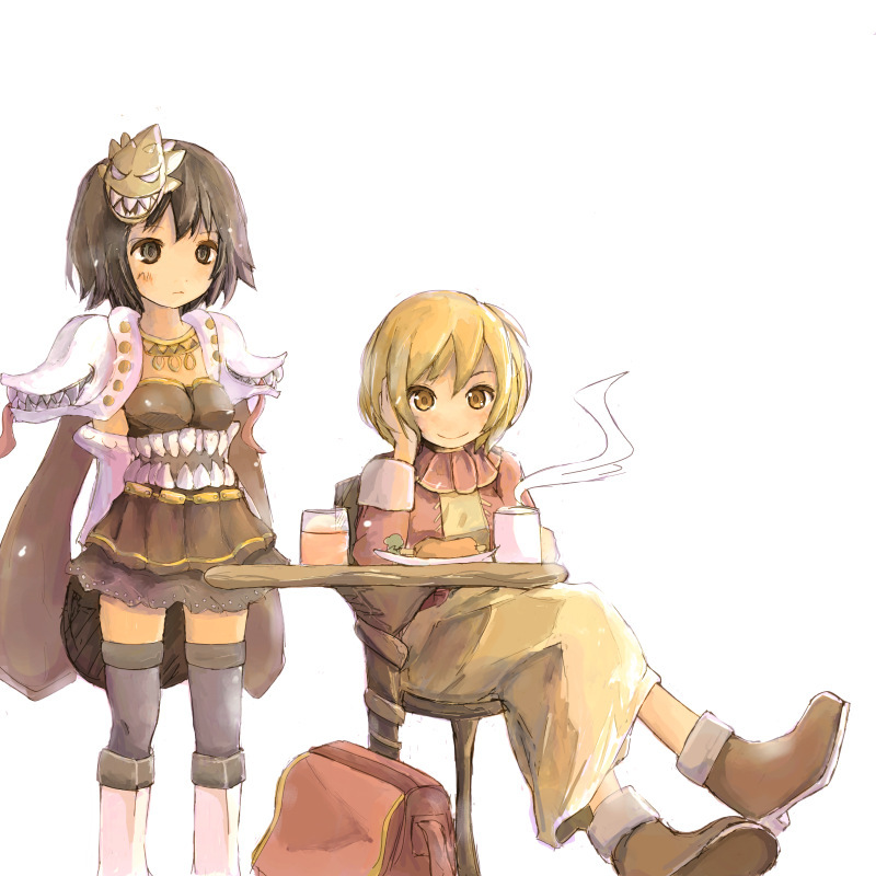 2girls armor bangs black_eyes black_hair black_legwear blonde_hair boots brown_dress brown_eyes brown_footwear brown_skirt chair closed_mouth commentary_request crossed_legs cup dress expressionless food full_body genetic_(ragnarok_online) head_rest jacket living_clothes looking_at_viewer mask mask_on_head merchant_(ragnarok_online) miniskirt mizunosan mug multiple_girls pauldrons pink_jacket plate ragnarok_online short_hair shoulder_armor simple_background sitting skirt smile standing steam table teeth thigh-highs tongue vambraces white_background