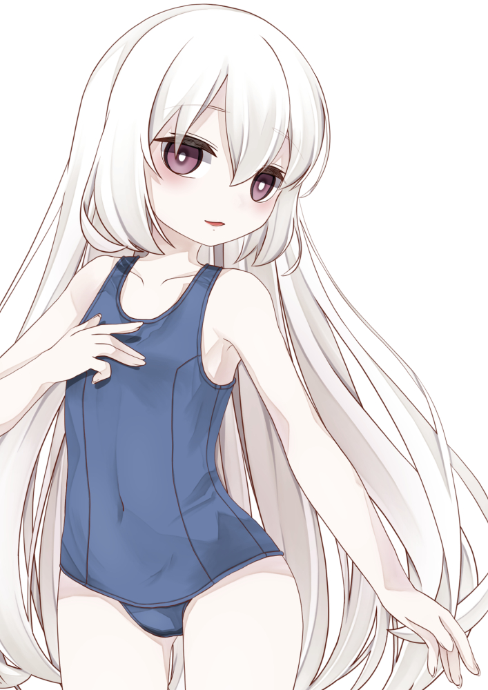 1girl albino bangs barefoot commentary commentary_request hand_up head_tilt loli long_hair looking_at_viewer nomiku open_mouth original pale_skin red_eyes school_swimsuit standing swimsuit white_hair white_swimsuit