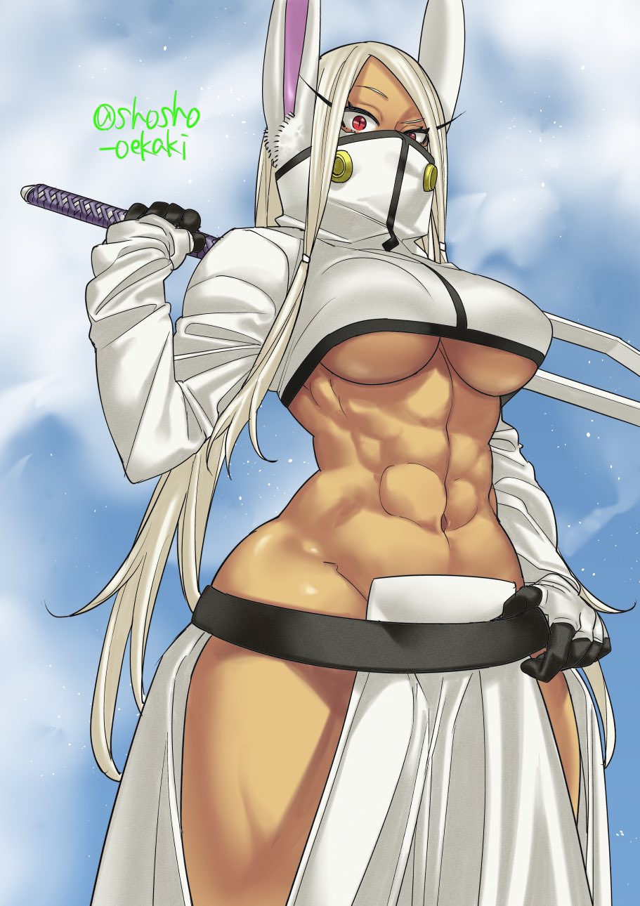 1girl animal_ear_fluff animal_ears bleach boku_no_hero_academia breasts commentary_request cosplay covered_mouth cropped_jacket dark-skinned_female dark_skin gloves highres hip_vent holding holding_sword holding_weapon long_eyelashes long_hair looking_at_viewer midriff mirko muscular muscular_female navel rabbit_ears rabbit_girl shosho_oekaki sword thick_thighs thighs tier_harribel tier_harribel_(cosplay) twitter_username under_boob weapon white_hair