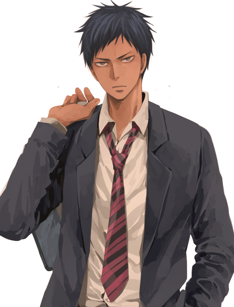 &gt;:( 1boy aomine_daiki bag blue_eyes blue_hair blue_jacket chinese_commentary closed_mouth dark-skinned_male dark_skin frown holding holding_bag jacket kuroko_no_basuke looking_at_viewer male_focus necktie school_uniform shirt short_hair simple_background solo v-shaped_eyebrows white_background white_shirt xuan_zhi_yue_ying