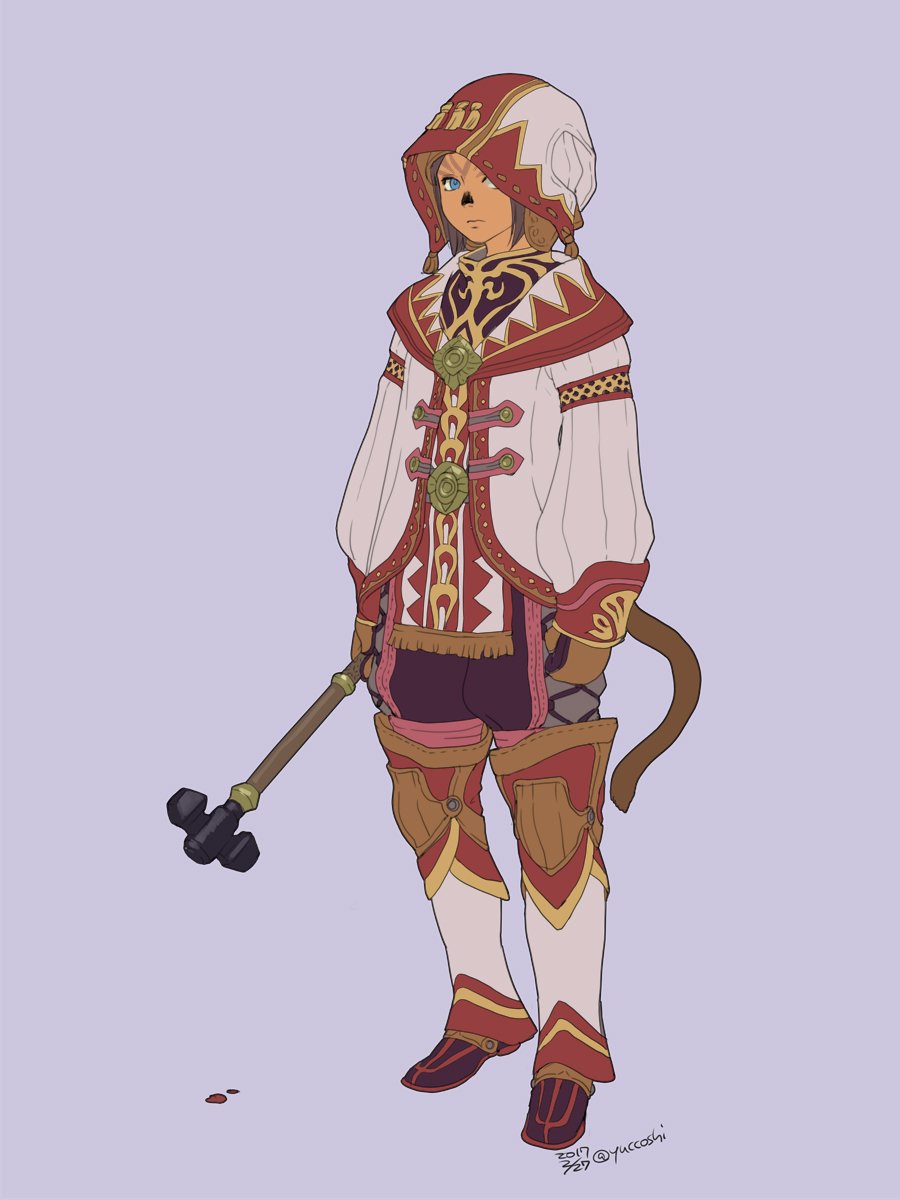 1girl 2017 arms_at_sides blue_eyes brown_hair cat_tail closed_mouth dated final_fantasy final_fantasy_xi full_body hat highres holding holding_weapon long_sleeves looking_at_viewer mace mithra_(ff11) mittens no_eyebrows purple_background short_hair simple_background solo standing tail twitter_username weapon white_mage yuccoshi