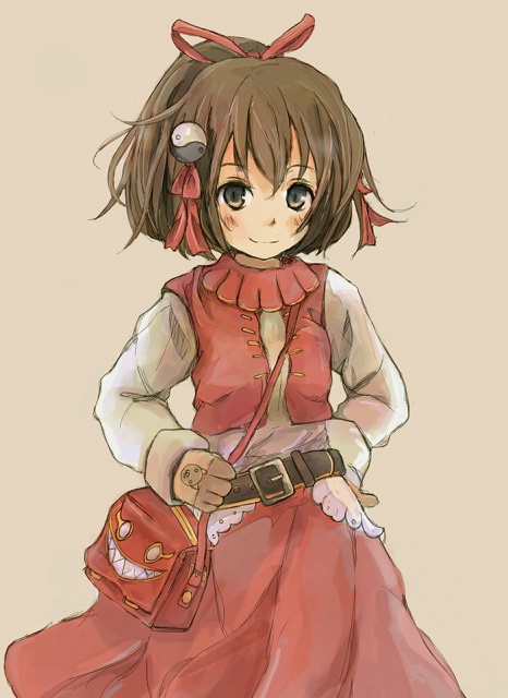 1girl bangs belt black_belt black_eyes blush bow breasts brown_background brown_gloves brown_hair closed_mouth commentary_request cowboy_shot eyebrows_visible_through_hair gloves hair_bow hair_ribbon high_ponytail long_sleeves looking_at_viewer merchant_(ragnarok_online) mizunosan pink_bag ponytail ragnarok_online red_bow red_ribbon red_skirt red_vest ribbon shirt short_hair simple_background skirt small_breasts smile solo vest white_shirt yin_yang yin_yang_hair_ornament