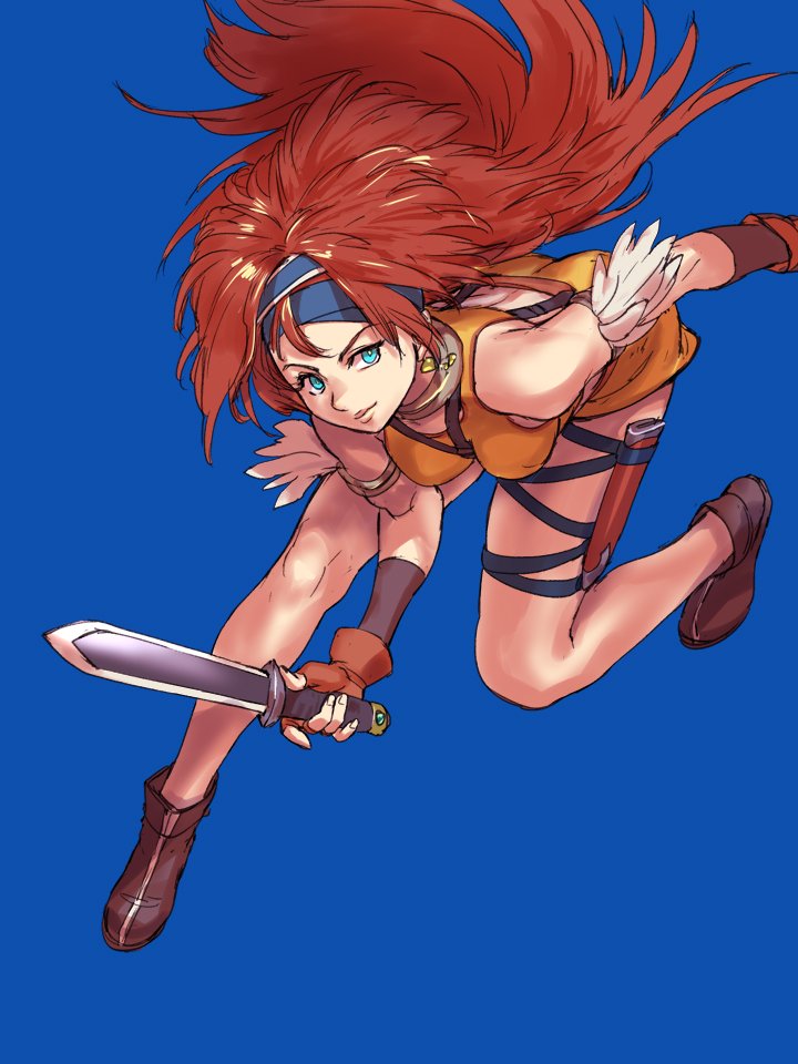 1girl ankle_boots bare_shoulders blue_background boots breasts bright_pupils brown_footwear brown_gloves closed_mouth crop_top dagger final_fantasy final_fantasy_xi fingerless_gloves gloves holding holding_dagger holding_weapon hume knife light_blue_eyes lion_(ff11) long_hair medium_breasts redhead sheath simple_background solo weapon white_pupils yuccoshi