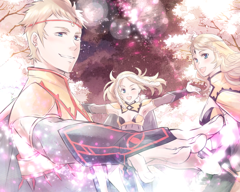 1boy 2girls ahoge bangs blonde_hair breasts family father_and_daughter fire_emblem fire_emblem_awakening fire_emblem_fates grandmother_and_granddaughter grey_eyes lissa_(fire_emblem) long_hair medium_breasts medium_hair mother_and_son multiple_girls odin_(fire_emblem) open_mouth ophelia_(fire_emblem) outdoors petals short_hair smile tico turtleneck upper_body