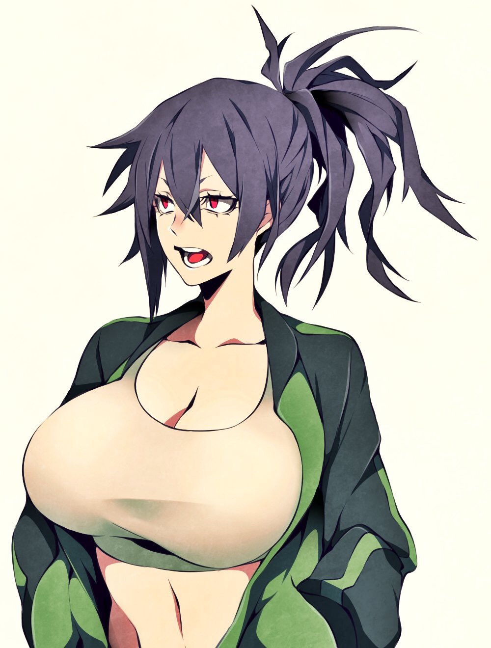 1girl belly black_hair breasts camui_kamui cleavage eyebrows eyelashes eyes_visible_through_hair female green_jacket hands_in_pockets highres huge_breasts jacket large_breasts long_hair navel open_mouth original ponytail red_eyes simple_background solo teeth tongue upper_body white_background yellow_background