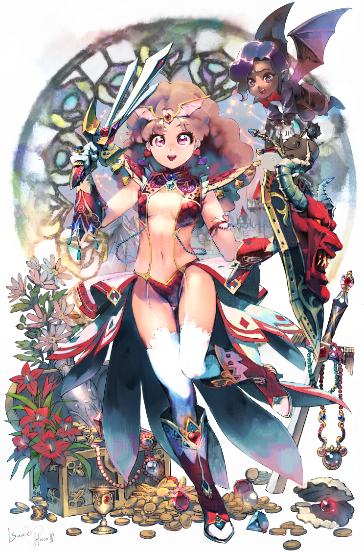:d armlet artist_name ass_visible_through_thighs bag beads boots breasts brown_hair castle center_opening character_request coin commentary_request constellation dangle_earrings demon_wings earrings fantasy flower flower_request full_body gem gloves goblet gold gold_coin heart heart_earrings holding holding_bag holding_shield holding_weapon isaac_hein_iii jewelry korean_commentary long_hair looking_at_viewer medieval medium_breasts navel necklace object_request open_mouth pearl_(gemstone) pearl_necklace planted planted_sword pointy_ears princess_maker_(series) princess_maker_2 red_eyes revealing_clothes shield signature smile stained_glass standing standing_on_one_leg star_(symbol) star_in_eye sword symbol_in_eye teeth thigh-highs thigh_gap treasure treasure_chest upper_teeth weapon weapon_request white_legwear wings