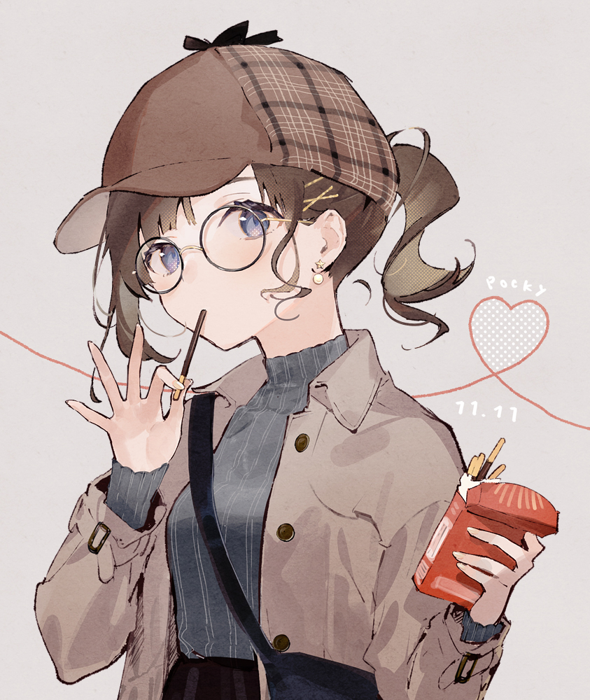 1girl bag blue_eyes breasts brown_hair brown_headwear brown_jacket commentary dated deerstalker food food_in_mouth grey_background grey_sweater hair_ornament hairclip hands_up hat heart holding holding_food horiizumi_inko jacket long_sleeves looking_at_viewer open_clothes open_jacket original plaid_headwear pocky pocky_day polka_dot polka_dot_background ponytail ribbed_sweater shoulder_bag simple_background sleeves_past_wrists small_breasts solo sweater symbol-only_commentary upper_body x_hair_ornament