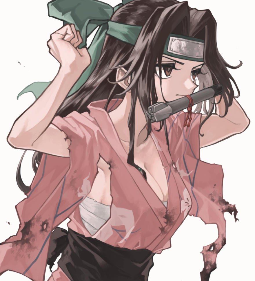 1girl adjusting_clothes adjusting_headwear bangs bow breasts brown_eyes brown_hair closed_mouth commentary_request floral_print forehead_protector green_bow grey_background hair_bow japanese_clothes jintsuu_(kancolle) kantai_collection karutade kimono long_hair medium_breasts mouth_hold obi official_alternate_costume sarashi sash simple_background solo torn_clothes torpedo upper_body wide_sleeves yukata