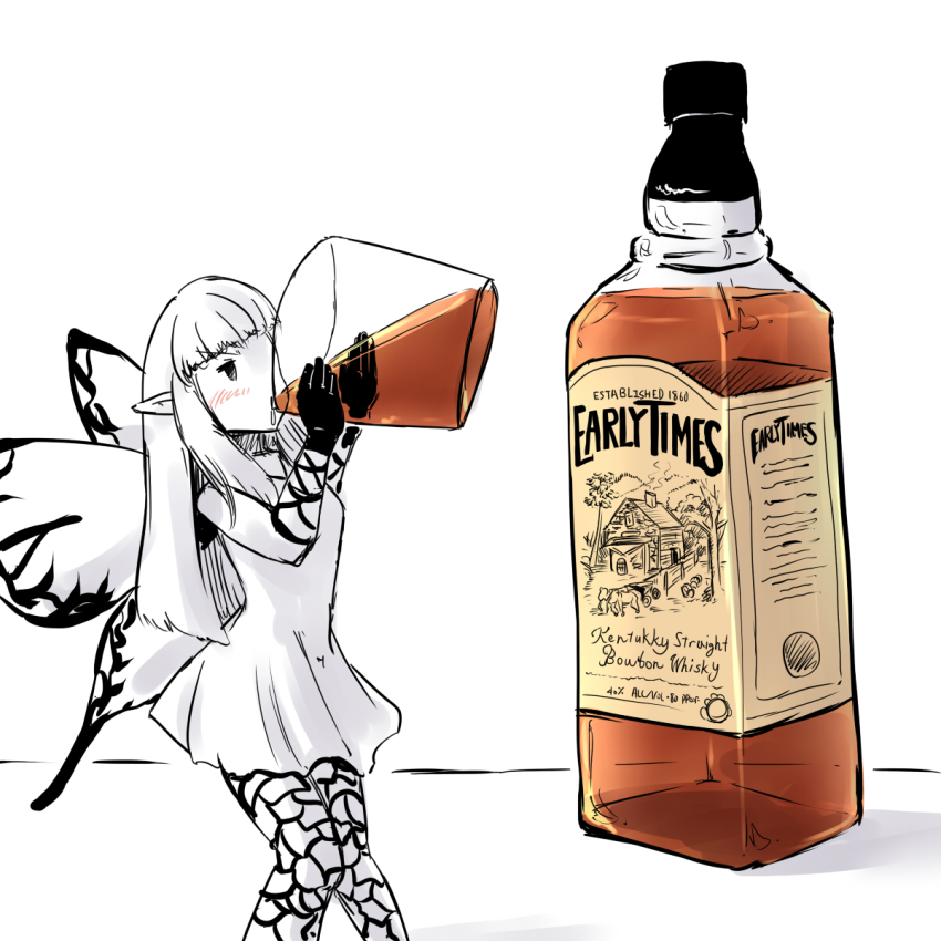 1girl airy_(bravely_default) alcohol angry blush bottle bravely_default:_flying_fairy bravely_default_(series) chestnut_mouth cute drink drinking drinking_glass fairy fairy_wings liqueur long_hair nintendo pointy_ears simple_background solo square_enix toluda whisky white_hair