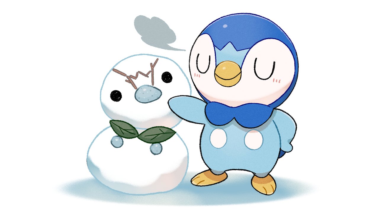blush closed_eyes closed_mouth commentary_request leaf no_humans official_art piplup pokemon pokemon_(creature) project_pochama smile snowman solo standing sticks toes white_background