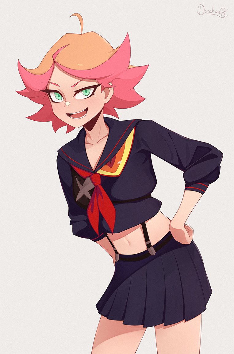 1girl amanda_o'neill artist_name blush company_connection cosplay darahan green_eyes grey_background hands_on_hips kill_la_kill little_witch_academia looking_at_viewer matoi_ryuuko matoi_ryuuko_(cosplay) midriff navel orange_hair pleated_skirt redhead senketsu short_hair simple_background skirt solo suspenders