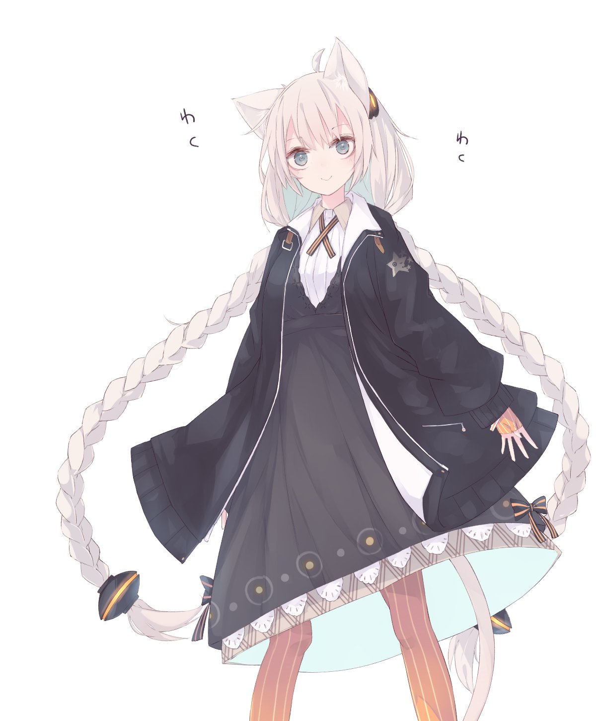 1girl :&gt; animal_ears black_jacket blue_eyes bomber_jacket bracelet braid commentary dress feet_out_of_frame fingerless_gloves gavrof gloves grey_dress grey_hair hair_ornament hair_tubes highres jacket jewelry kizuna_akari logo long_hair looking_at_viewer orange_gloves orange_legwear smile solo speech_bubble standing star_(symbol) star_print striped striped_gloves striped_legwear translated twin_braids vertical-striped_legwear vertical_stripes very_long_hair vocaloid voiceroid white_background