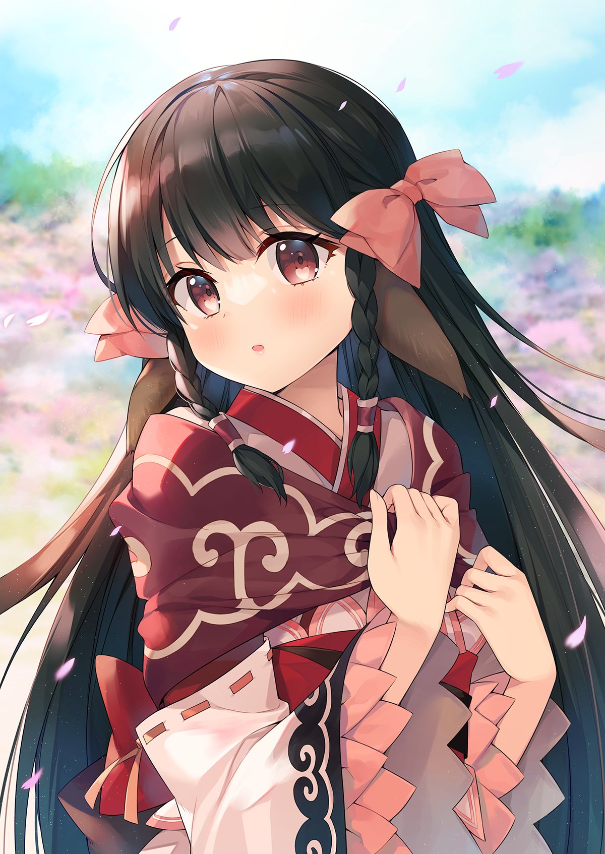 1girl :o animal_ears ayamy bangs black_hair blurry blurry_background blush bow bowtie braid cherry_blossoms eyebrows_visible_through_hair flower hair_bow highres japanese_clothes long_hair long_sleeves looking_at_viewer red_bow red_bowtie red_eyes rurutie_(utawarerumono) solo twin_braids utawarerumono wide_sleeves