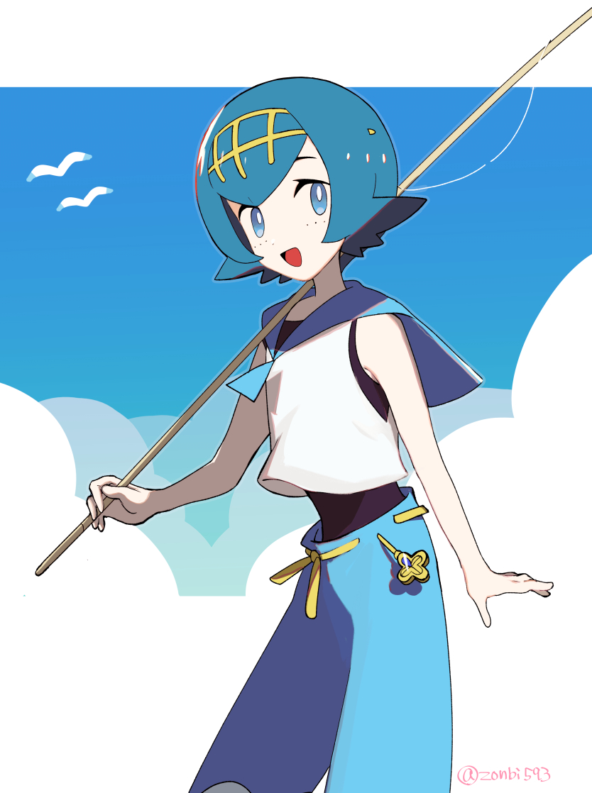 1girl :d blue_eyes blue_hair blue_pants blue_sailor_collar bright_pupils commentary fishing_rod freckles hairband holding holding_fishing_rod lana_(pokemon) looking_at_viewer no_sclera one-piece_swimsuit open_mouth pants pokemon pokemon_(game) pokemon_sm sailor_collar shirt short_hair sleeveless sleeveless_shirt smile solo swimsuit swimsuit_under_clothes tongue twitter_username white_pupils white_shirt yellow_hairband zonbi4771