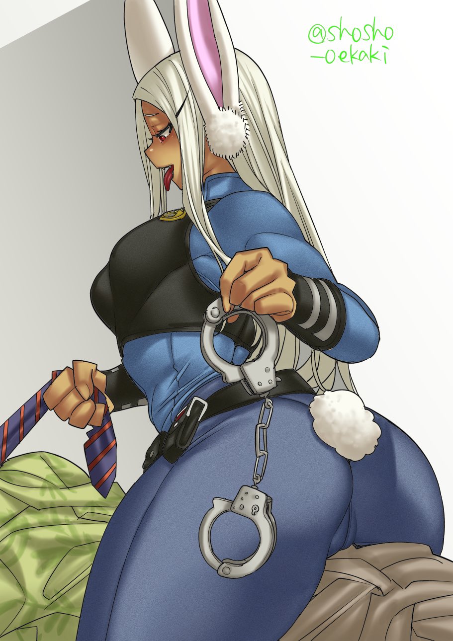 1boy 1girl animal_ear_fluff animal_ears boku_no_hero_academia breasts bulletproof_vest commentary_request cosplay cuffs dark-skinned_female dark_skin handcuffs hawaiian_shirt highres judy_hopps judy_hopps_(cosplay) long_eyelashes long_hair mirko muscular muscular_female necktie necktie_grab neckwear_grab nick_wilde nick_wilde_(cosplay) police police_badge police_uniform policewoman rabbit_ears rabbit_girl rabbit_tail shirt shosho_oekaki sitting sitting_on_person striped_necktie tail tail_through_clothes thick_thighs thighs tongue tongue_out twitter_username uniform white_hair zootopia
