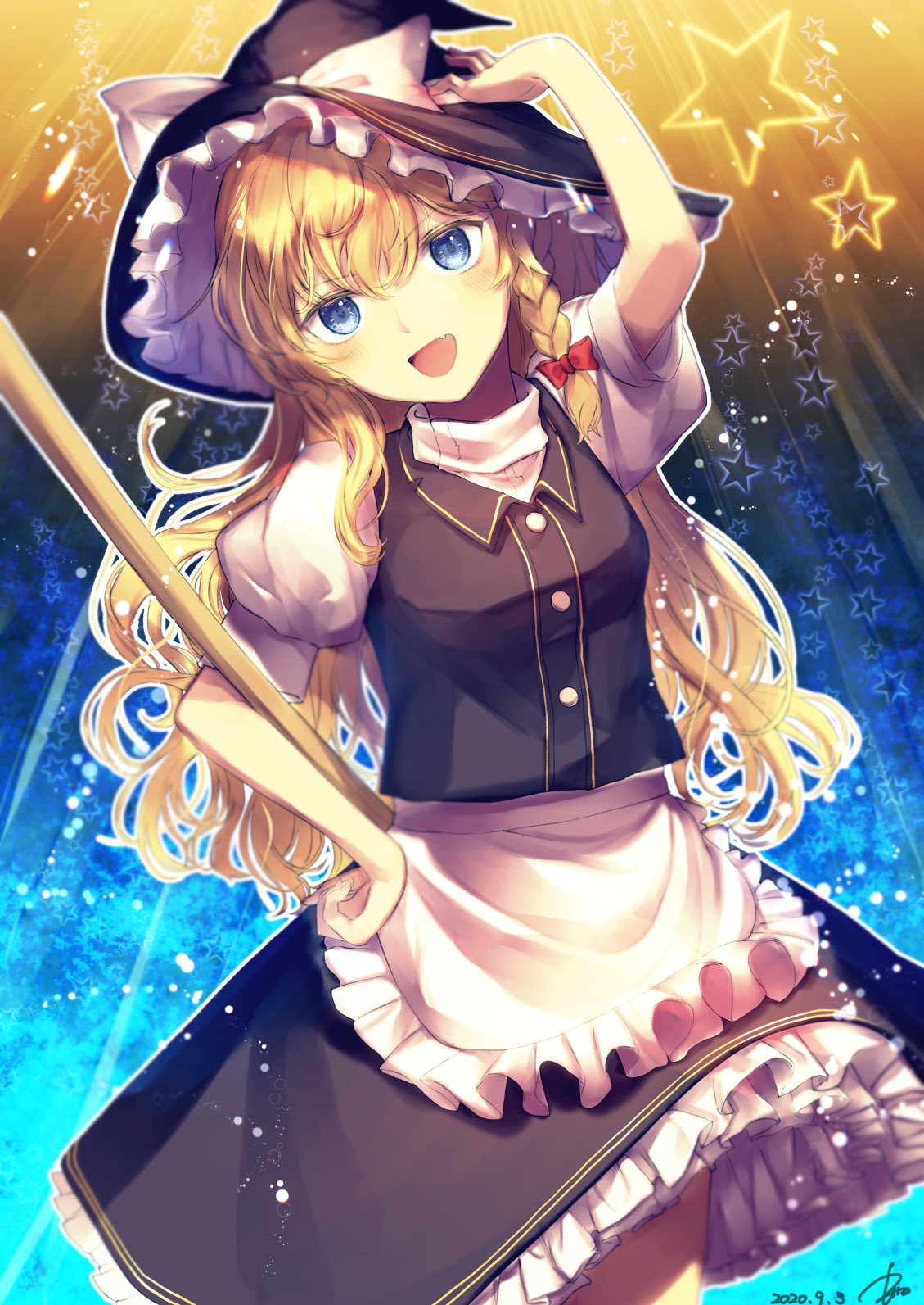 1girl :d adapted_costume apron arm_up black_headwear black_skirt black_vest blonde_hair blue_eyes bow breasts broom buttons collared_shirt commentary_request dated fang frilled_apron frilled_skirt frills gradient gradient_background hair_between_eyes hair_ribbon hat hat_bow hat_ribbon head_tilt high_collar highres holding holding_broom kirisame_marisa kisamu_(ksmz) long_hair looking_at_viewer medium_breasts open_mouth puffy_short_sleeves puffy_sleeves red_ribbon ribbon shirt short_sleeves signature skirt smile solo standing starry_background touhou tress_ribbon upper_body vest waist_apron white_apron white_bow white_ribbon white_shirt wing_collar witch_hat