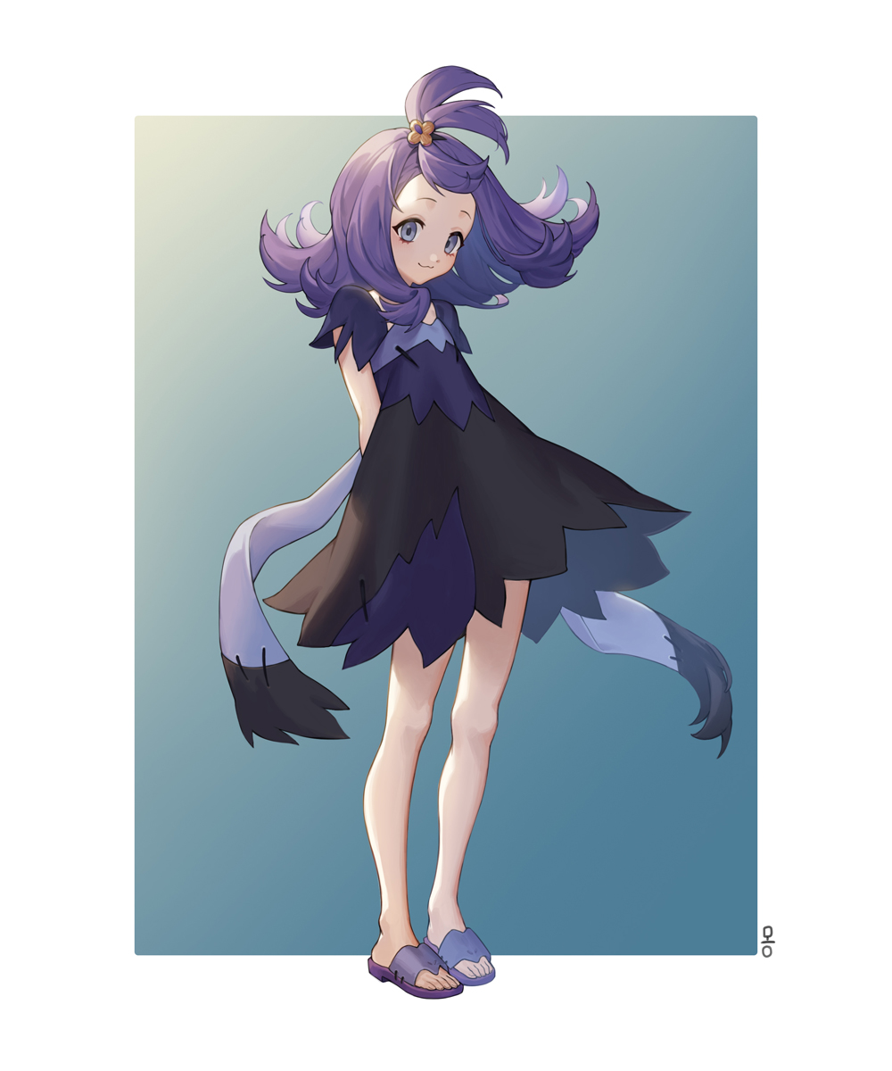 1girl acerola_(pokemon) arms_behind_back bangs blush border closed_mouth commentary_request dress eyelashes flip-flops flipped_hair full_body grey_eyes hair_ornament hairclip highres long_hair mongguri multicolored_clothes multicolored_dress outside_border pokemon pokemon_(game) pokemon_sm purple_hair sandals short_sleeves smile solo standing stitches toes topknot torn_clothes torn_dress white_border