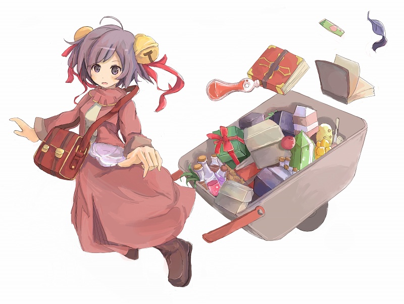 1girl apple bangs bell blush book boots box brown_footwear cheese chewing_gum commentary_request crystal food fruit full_body hair_bell hair_ornament jacket jingle_bell leaf long_sleeves looking_at_viewer merchant_(ragnarok_online) milk_carton mizunosan open_clothes open_jacket open_mouth pink_jacket pink_skirt potion pullcart purple_hair ragnarok_online red_bag short_hair simple_background skirt solo violet_eyes white_background