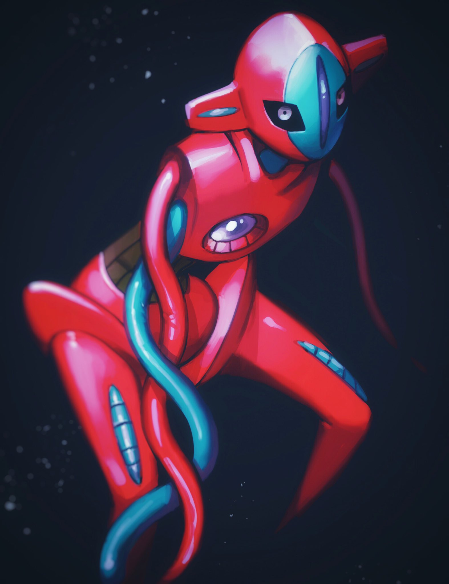 black_eyes blurry commentary_request deoxys deoxys_(normal) highres looking_to_the_side ogege_(ogege_kyit) outdoors pokemon pokemon_(creature) shiny shiny_skin solo space tentacles