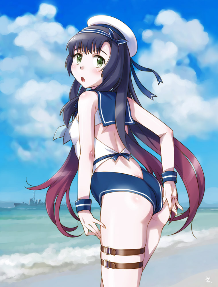 1girl adapted_costume ass back bare_arms bare_shoulders beach black_hair blue_neckerchief blue_sailor_collar blue_sky clouds commentary_request day from_behind gradient_hair green_eyes hat kantai_collection leaning_forward long_hair looking_at_viewer looking_back matsuwa_(kancolle) multicolored_hair neckerchief ocean one-piece_swimsuit open_mouth outdoors sailor_collar sailor_hat sameha_ikuya school_uniform serafuku sky solo swimsuit thigh_strap water white_headwear wristband