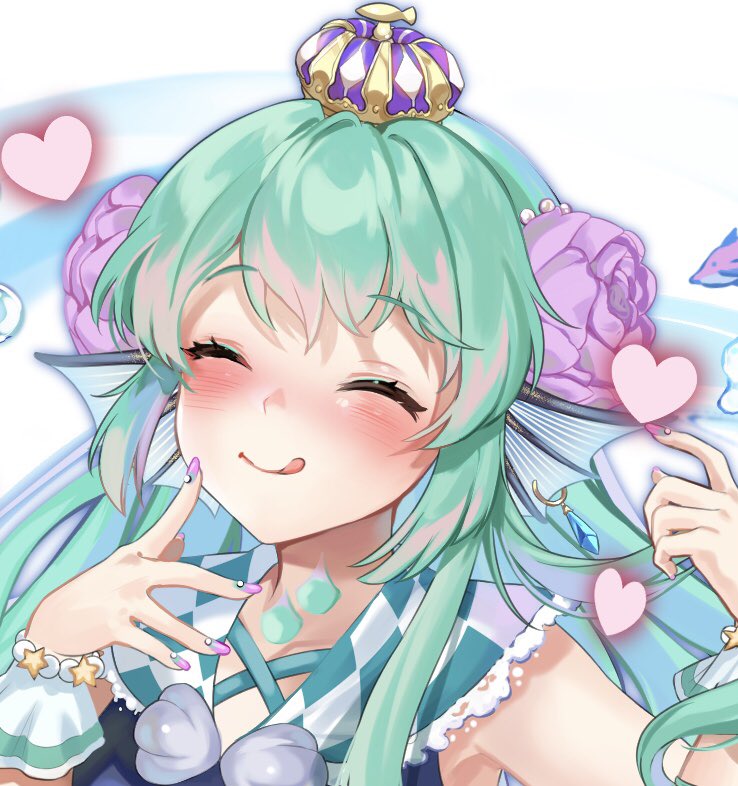 1girl ^_^ alice_vu blush closed_eyes collarbone crown finana_ryugu flower green_hair hair_flower hair_ornament head_fins heart licking_lips neck_tattoo nijisanji nijisanji_en pink_flower portrait purple_nails seashell shell solo tattoo tongue tongue_out virtual_youtuber white_background wrist_cuffs