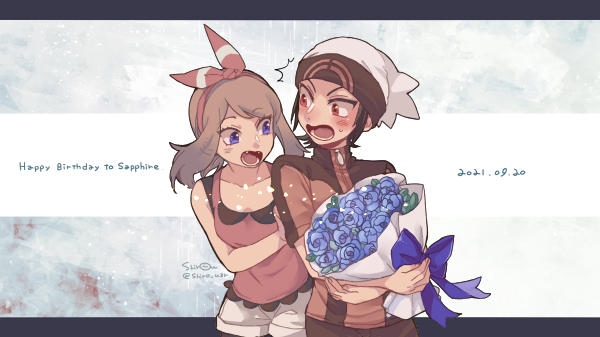 1boy 1girl beanie blue_flower blush bouquet bow bow_hairband brown_hair character_name commentary_request dated eyelashes flower hairband happy_birthday hat holding holding_bouquet jacket open_mouth pokemon pokemon_adventures ruby_(pokemon) sapphire_birch shirou_(shiro_uzr) shorts sleeveless teeth tongue violet_eyes white_headwear white_shorts zipper_pull_tab