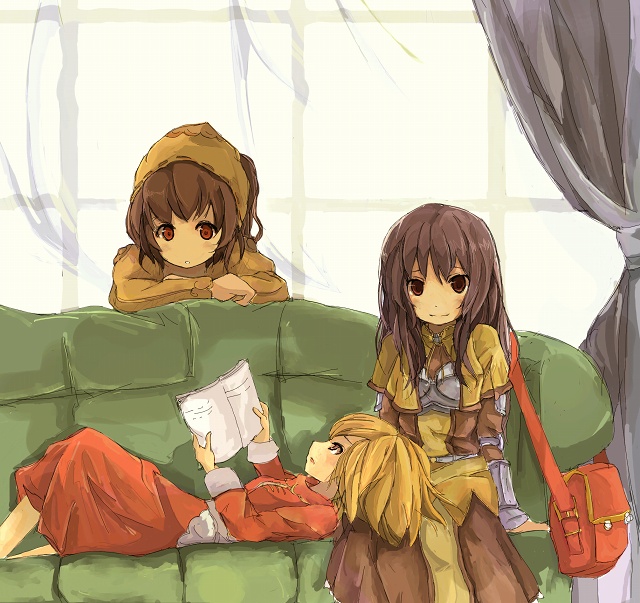 3girls armeyer_dinze bandana bangs belt blonde_hair blush breasts brown_capelet brown_dress brown_eyes brown_hair brown_headwear brown_jacket capelet chest_guard closed_mouth commentary_request couch curtains dress egnigem_cenia feet_out_of_frame frilled_dress frills gauntlets indoors jacket lap_pillow long_hair long_sleeves looking_at_viewer lying merchant_(ragnarok_online) mizunosan multiple_girls on_couch open_mouth purple_hair ragnarok_online red_bag red_skirt red_vest shirt short_hair shrug_(clothing) sitting skirt small_breasts smile swordsman_(ragnarok_online) thief_(ragnarok_online) vest white_shirt wickebine_tres window