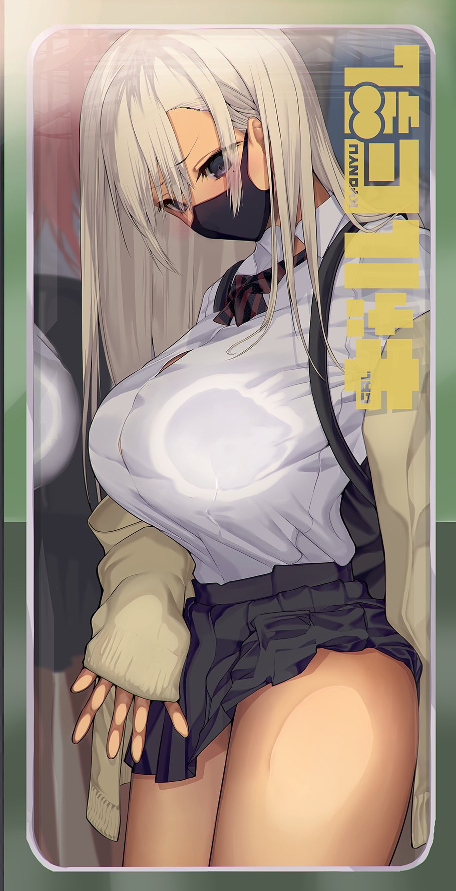 1girl bangs black_eyes black_skirt bow bowtie breasts clothes_lift collared_shirt covered_mouth dark-skinned_female dark_skin highres large_breasts looking_down mask mouth_mask original satou_daiji school_uniform shiny shiny_clothes shiny_skin shirt skirt skirt_lift solo sweater thick_thighs thighs white_hair