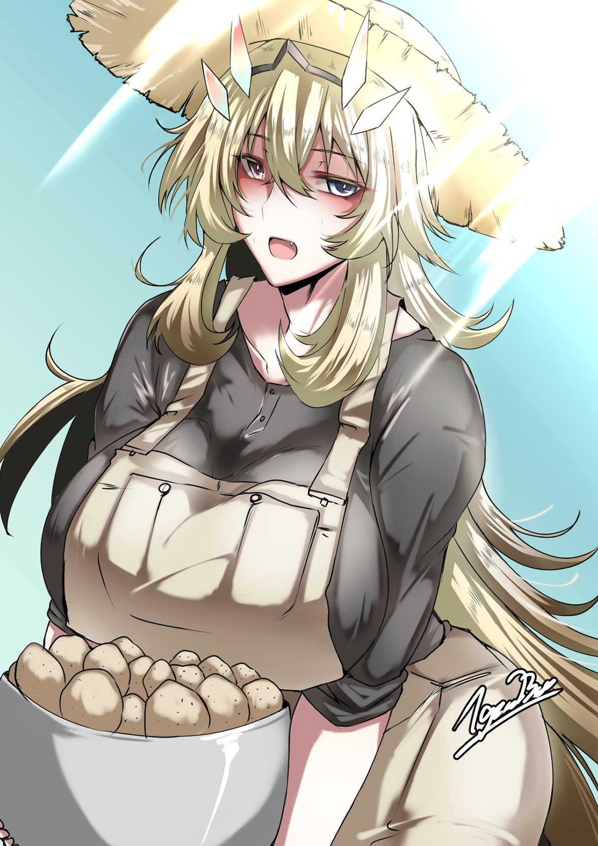 1girl apron bag black_shirt blonde_hair blue_eyes blush breasts brown_pants collarbone fairy_knight_gawain_(fate) fang fate/grand_order fate_(series) hat heterochromia highres holding holding_bag huge_breasts long_hair looking_at_viewer older open_mouth outdoors pants potato shirt sidelocks sleeves_rolled_up solo sun_hat sunlight tgxx3300 very_long_hair yellow_eyes