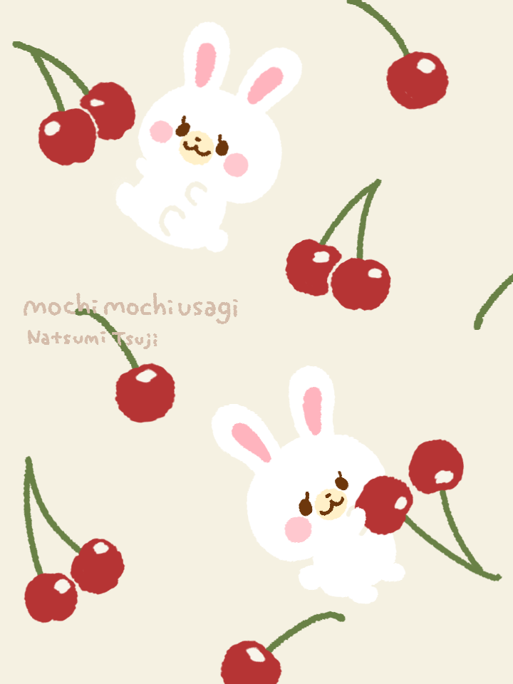 :3 artist_name character_name cherry fluffy food fruit full_body holding holding_food holding_fruit no_humans rabbit simple_background tsujinatsumi