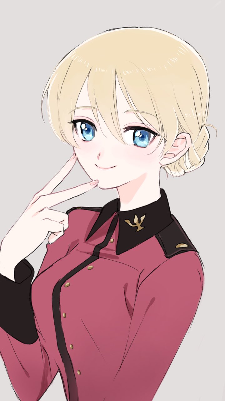 1girl bangs blonde_hair blue_eyes braid closed_mouth commentary darjeeling_(girls_und_panzer) eyebrows_visible_through_hair girls_und_panzer highres insignia jacket long_sleeves looking_at_viewer military military_uniform ponpokozaemon red_jacket short_hair simple_background smile solo st._gloriana's_military_uniform tied_hair twin_braids uniform upper_body v