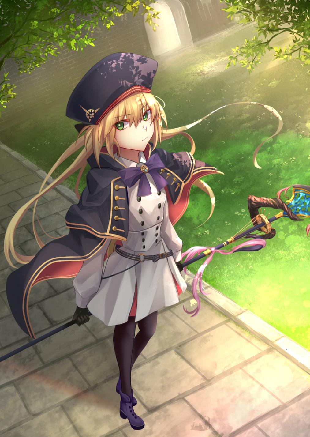 1girl artoria_pendragon_(caster)_(fate) artoria_pendragon_(fate) bangs belt black_bow black_gloves black_legwear blonde_hair blue_belt blue_cape blue_headwear bow bowtie branch buttons cape closed_mouth commentary day dress eyebrows_visible_through_hair fate/grand_order fate_(series) floating_hair gloves grass green_eyes hair_between_eyes hair_bow hat highres holding holding_staff holding_weapon kaze_minoru_so-ru leaf long_hair long_sleeves looking_at_viewer pantyhose purple_bow purple_footwear purple_neckwear shadow solo staff sunlight tree twintails weapon white_dress