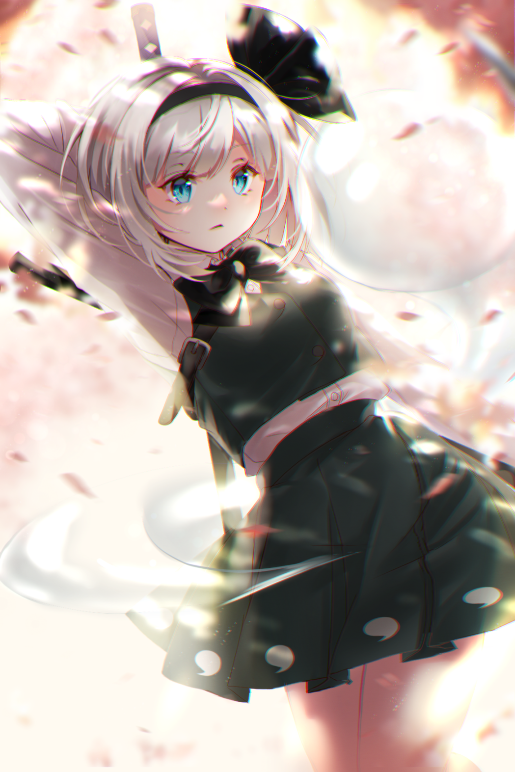 1girl bangs belt black_bow black_bowtie black_hairband black_ribbon blue_eyes blush bob_628 bob_cut bow bowtie breasts buckle buttons cherry_blossoms collared_shirt commentary_request green_skirt green_vest hair_ribbon hairband highres hitodama hitodama_print konpaku_youmu konpaku_youmu_(ghost) looking_to_the_side medium_breasts open_clothes open_shirt petals ribbon shirt short_hair short_sleeves silver_hair skirt skirt_set solo standing thighs touhou undone_necktie vest white_shirt