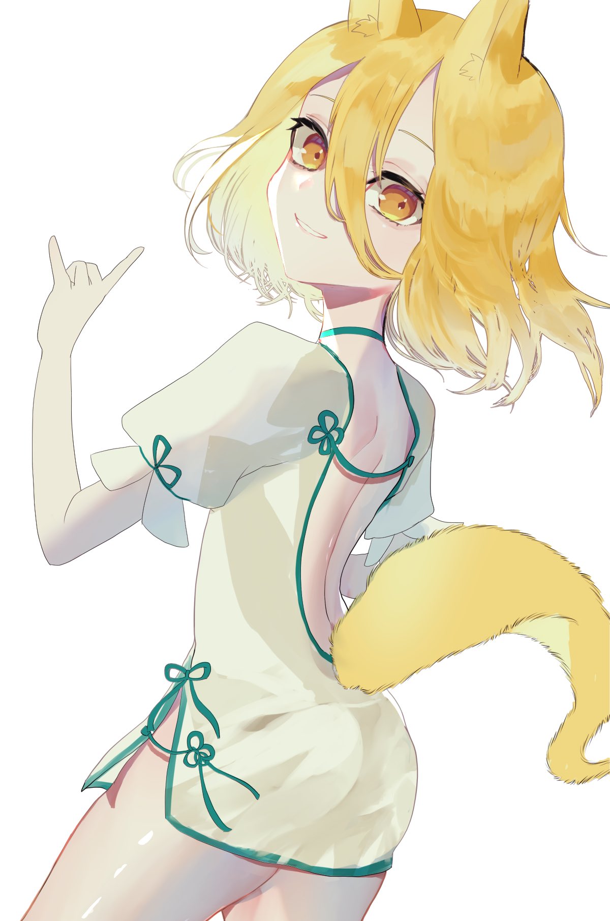 1girl animal_ears ass back bad_arm bangs blonde_hair bow choker closed_mouth error eyebrows_visible_through_hair fox_ears fox_tail from_behind green_bow green_choker hair_between_eyes hand_up highres jumpsuit kudamaki_tsukasa looking_at_viewer puffy_short_sleeves puffy_sleeves short_hair short_sleeves simple_background smile solo standing tail teeth touhou tsukikusa white_background white_jumpsuit