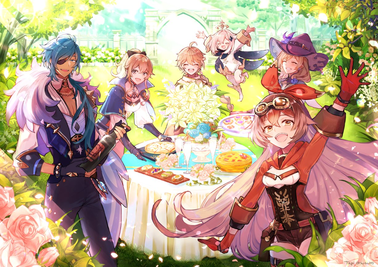 2boys 4girls aether_(genshin_impact) ahoge amber_(genshin_impact) bangs black_ribbon blonde_hair blue_capelet blue_eyes blue_hair bottle braid brown_hair capelet closed_eyes cup drinking_glass eyepatch flower food fur_trim genshin_impact gloves goggles goggles_on_head grass hair_between_eyes hair_ornament hair_ribbon hat holding holding_bottle jacket jean_(genshin_impact) kaeya_(genshin_impact) light light_rays lisa_(genshin_impact) long_hair long_sleeves looking_at_viewer multicolored_clothes multiple_boys multiple_girls open_mouth outstretched_arms paimon_(genshin_impact) ponytail red_jacket red_ribbon ribbon shirt short_hair shorts single_braid sleeve_cuffs smile table tapi tree very_long_hair vision_(genshin_impact) white_hair white_shirt wine_bottle witch_hat yellow_eyes