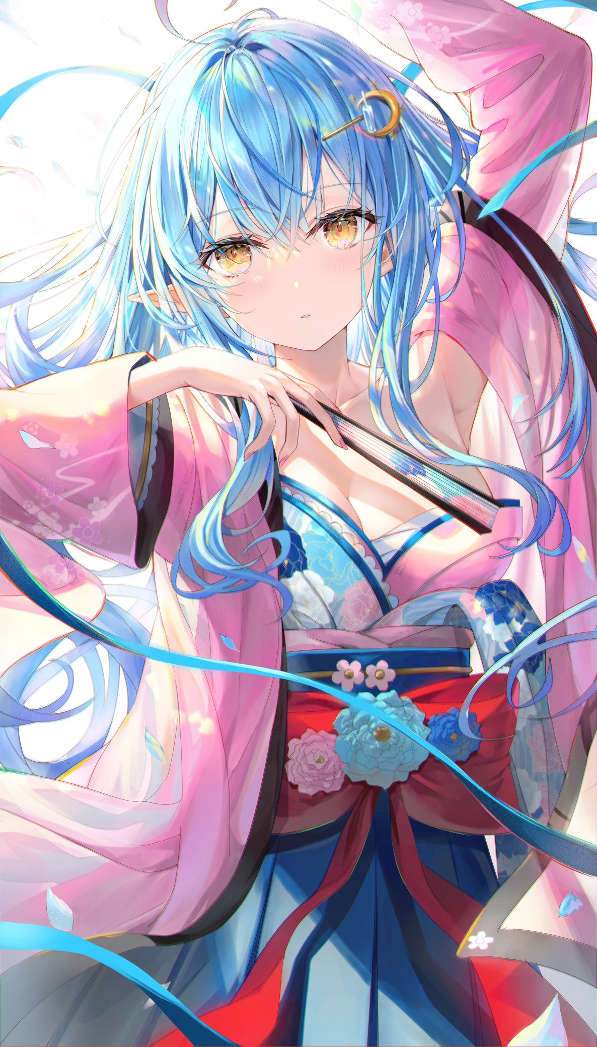 1girl ahoge arm_up bangs blue_hair blue_hakama blue_kimono blush breasts commentary crescent crescent_hair_ornament eyebrows_visible_through_hair floral_print folding_fan hair_between_eyes hair_ornament hakama hand_fan hand_up haori highres holding holding_fan hololive japanese_clothes kimono large_breasts long_hair long_sleeves looking_at_viewer obi parted_lips pointy_ears print_kimono rin_yuu sash solo symbol-only_commentary virtual_youtuber wide_sleeves yellow_eyes yukihana_lamy