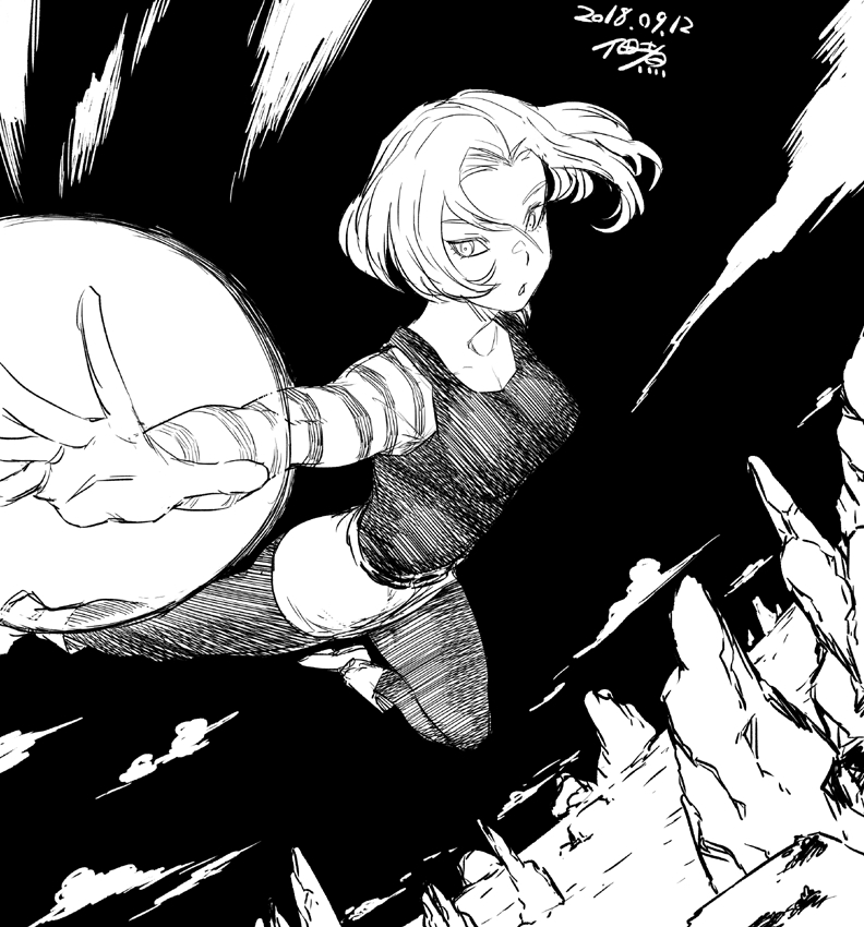 1girl android_18 breasts clouds dated dragon_ball dragon_ball_z flying greyscale looking_at_viewer monochrome open_mouth pantyhose shirt short_hair signature skirt solo striped tsukudani_(coke-buta)