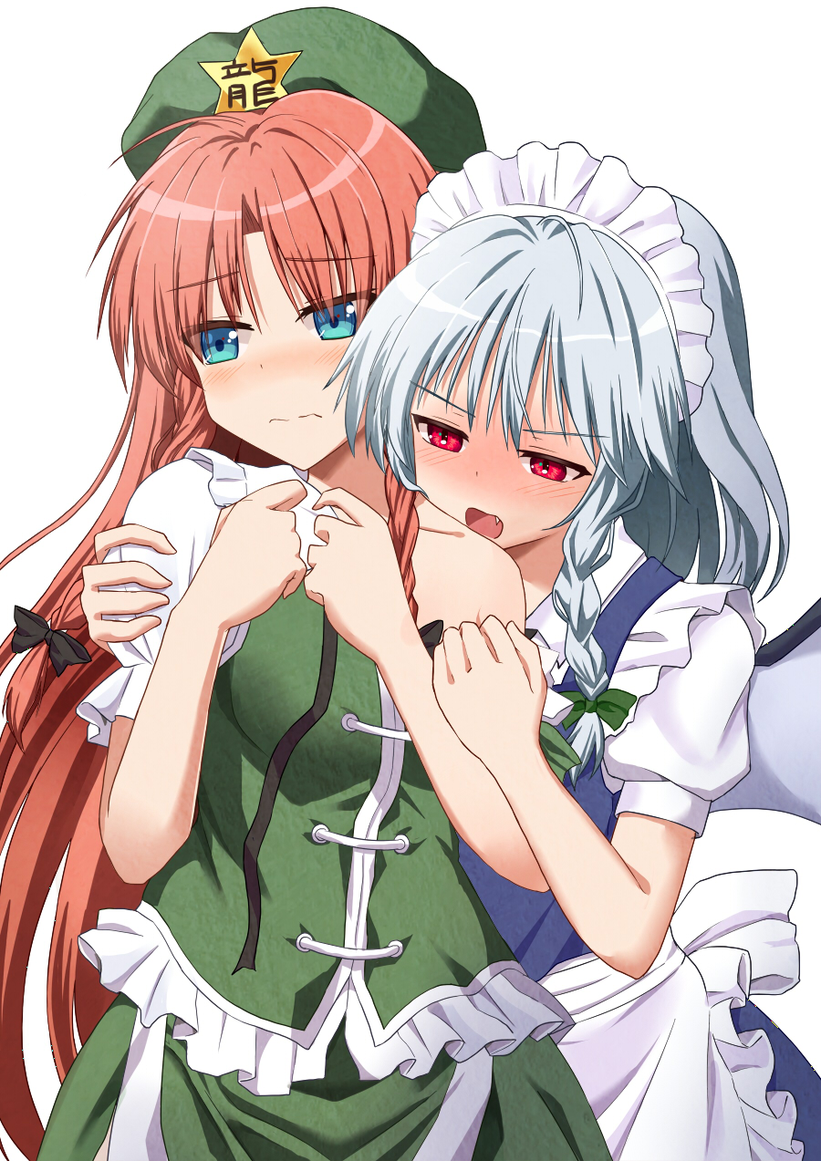 2girls :d apron back_bow bangs bat_wings beret black_ribbon blue_dress blue_eyes blush bow braid breasts chinese_clothes collarbone commentary_request dot_nose dress duplicate fang frilled_apron frilled_shirt_collar frilled_sleeves frills full-face_blush green_headwear green_ribbon green_skirt green_vest hair_ribbon hat hat_ornament highres hong_meiling izayoi_sakuya large_breasts long_hair looking_to_the_side maid maid_apron maid_headdress medium_hair monsterification multiple_girls nose_blush open_mouth pixel-perfect_duplicate puffy_short_sleeves puffy_sleeves red_eyes redhead ribbon shirt short_sleeves silver_hair simple_background skirt smile standing star_(symbol) star_hat_ornament sugiyama_ichirou touhou tress_ribbon twin_braids undone_neck_ribbon upper_body vest wavy_mouth white_apron white_background white_shirt wing_collar wings yuri