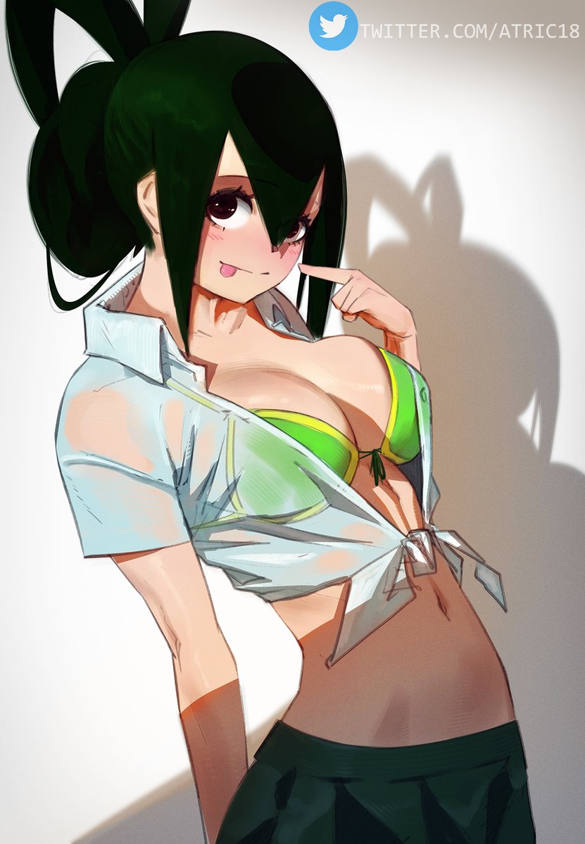 arm_behind_back asui_tsuyu atric18 bikini bikini_top blush boku_no_hero_academia breasts brown_eyes closed_mouth collared_shirt commentary finger_to_mouth front-tie_bikini front-tie_top green_bikini green_hair green_skirt hair_between_eyes hair_rings hand_up looking_at_viewer medium_breasts midriff navel neck_ribbon pleated_skirt ribbon school_uniform see-through shadow shirt short_sleeves sidelocks skirt standing swimsuit tied_shirt tongue tongue_out twitter_logo twitter_username web_address white_shirt wing_collar