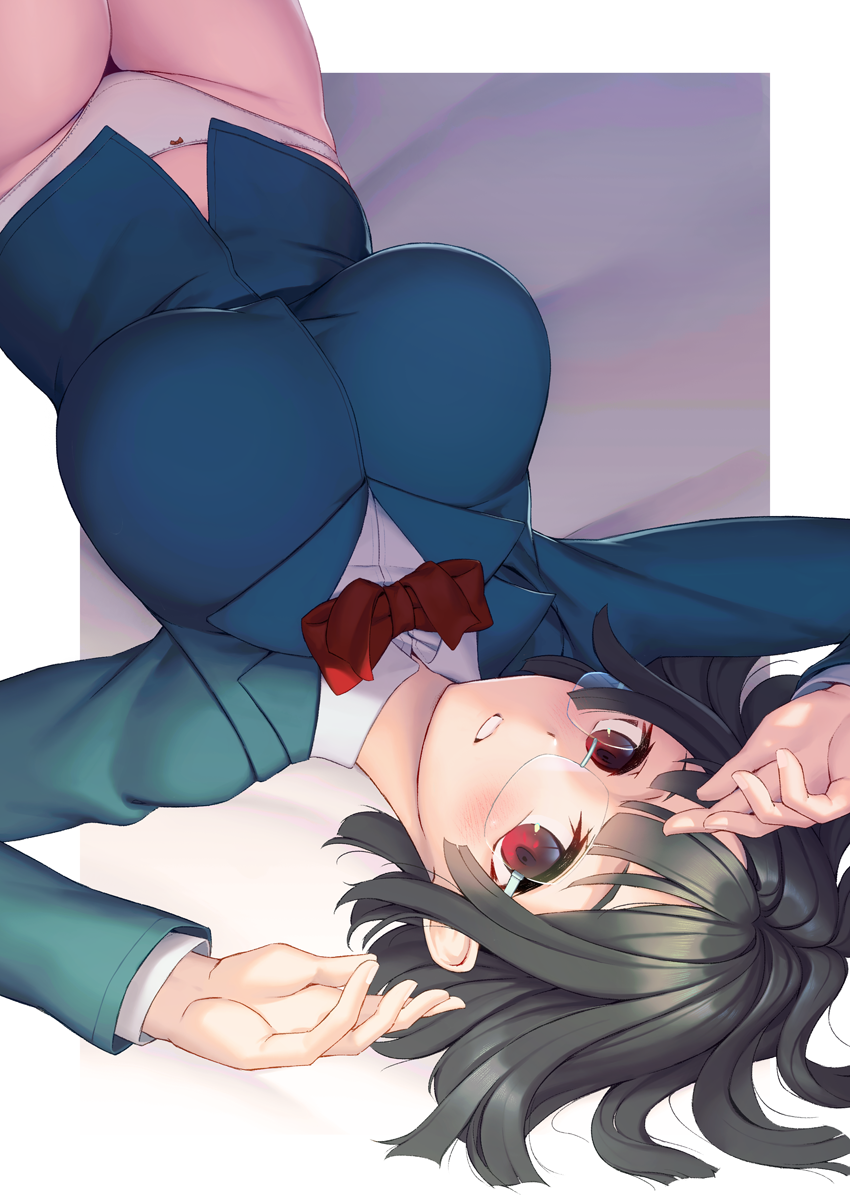 1girl arms_up bangs bed_sheet black_hair blazer blue_jacket blush border bow bowtie breasts durarara!! eyebrows_behind_hair glasses groin highres impossible_clothes impossible_jacket jacket large_breasts long_sleeves lying on_back on_bed outside_border panties parted_lips red_bow red_bowtie red_eyes rimless_eyewear rotix short_hair solo sonohara_anri underwear upside-down white_border white_panties
