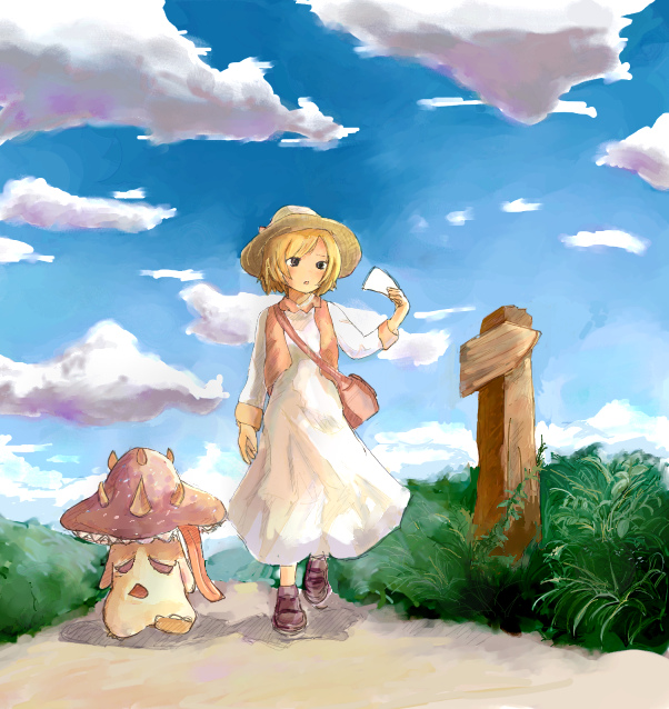 1girl bangs black_eyes blonde_hair blue_sky clouds commentary_request creature day dress full_body grass hat holding holding_paper merchant_(ragnarok_online) mizunosan open_mouth outdoors painterly paper pink_bag pink_vest ragnarok_online short_hair sign sky spore_(ragnarok_online) vest walking white_dress