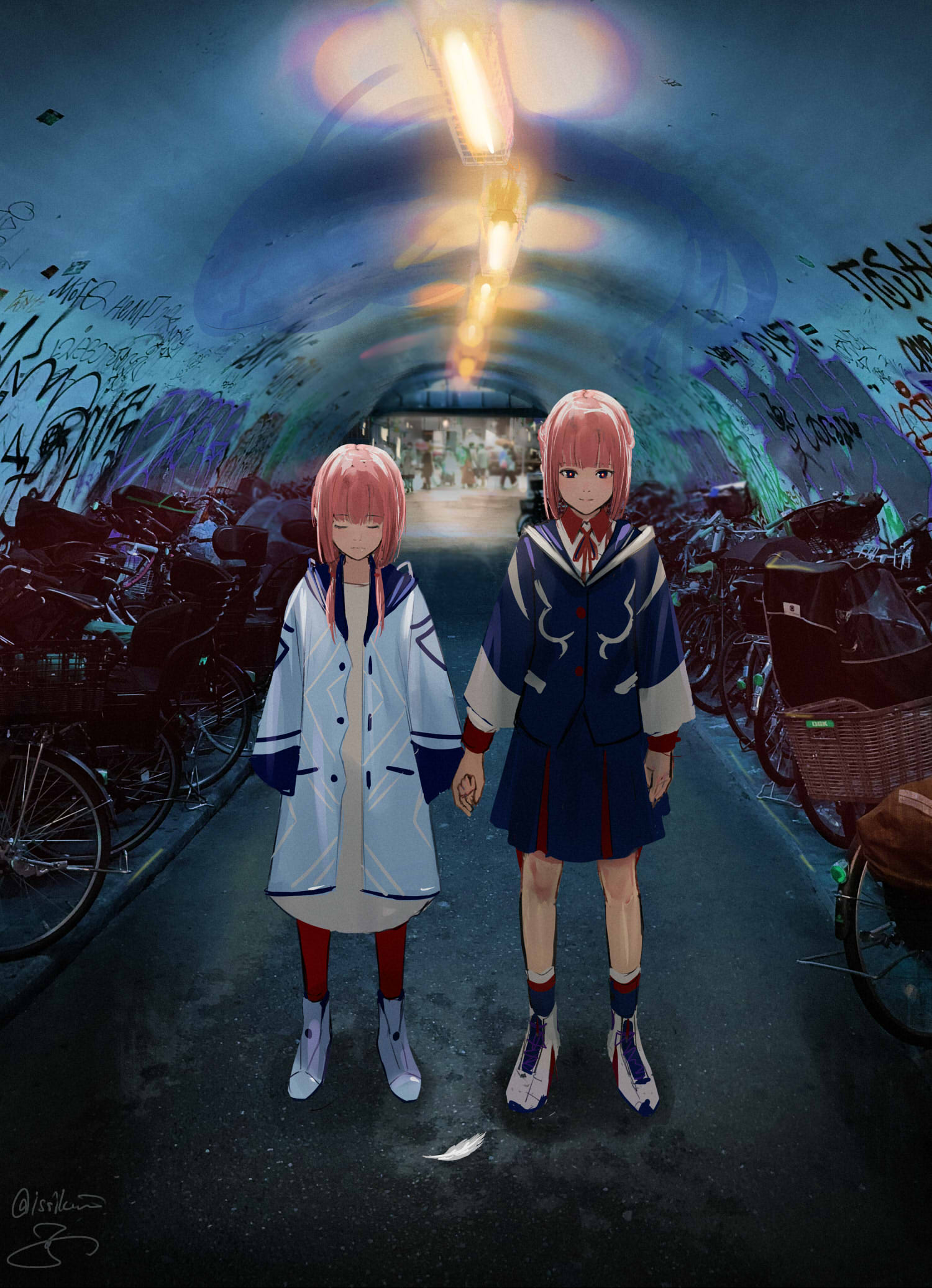 1girl bicycle closed_eyes coat dress dual_persona expressionless eyebrows_visible_through_hair feathers full_body graffiti ground_vehicle highres holding_hands hood hooded_coat hooded_jacket isshiki_(ffmania7) jacket kaf_(kamitsubaki_studio) kamitsubaki_studio long_hair long_sleeves older open_clothes open_coat outdoors photo_background pink_hair red_ribbon ribbon shoes skirt smile sneakers standing time_paradox tunnel twintails virtual_youtuber yellow_pupils