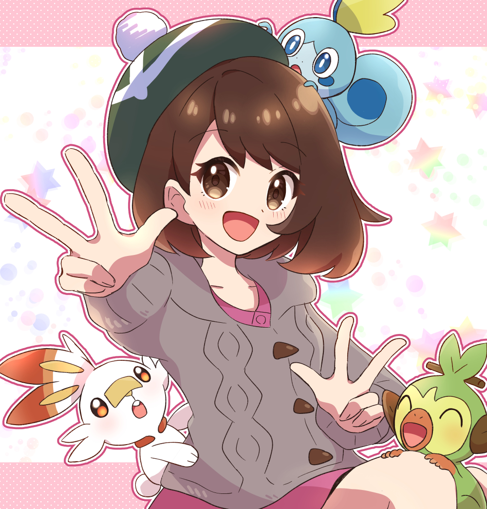 1girl :d blush brown_eyes brown_hair buttons cable_knit cardigan collared_dress commentary_request double_w dress gloria_(pokemon) green_headwear grey_cardigan grookey haru_(haruxxe) hat hooded_cardigan looking_at_viewer on_head open_mouth pink_dress pokemon pokemon_(creature) pokemon_(game) pokemon_on_head pokemon_swsh scorbunny smile sobble starter_pokemon_trio tam_o'_shanter tongue w