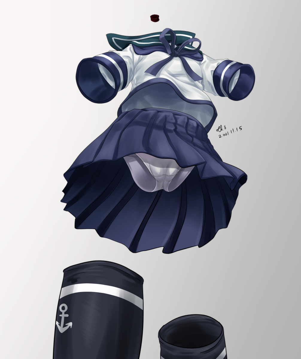 anchor_symbol artist_name black_legwear blue_neckerchief blue_sailor_collar blue_skirt dated fubuki_(kancolle) highres invisible kantai_collection kneehighs neckerchief no_humans panties pleated_skirt sailor_collar sailor_shirt school_uniform serafuku shirt short_sleeves signature skirt tk8d32 underwear white_panties white_shirt