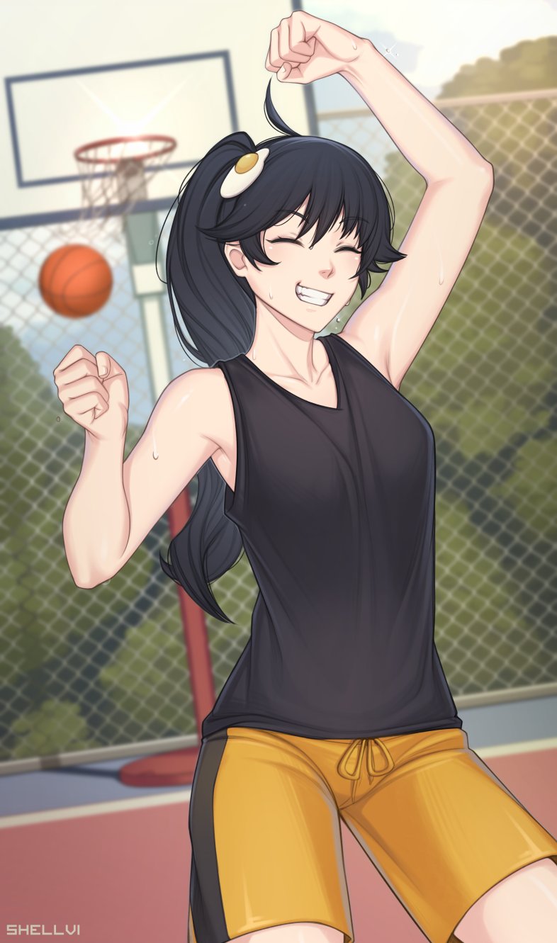 1girl araragi_karen arm_up bangs bare_arms bare_shoulders basketball basketball_court black_hair black_shorts breasts chain-link_fence commentary cowboy_shot egg egg_hair_ornament fence food-themed_hair_ornament fried_egg grin hair_ornament highres long_hair medium_breasts monogatari_(series) orange_shorts ponytail shellvi shorts smile sportswear sunny_side_up_egg teeth