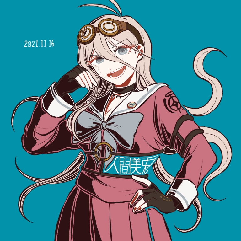 1girl :d antenna_hair bangs barbed_wire black_choker black_gloves blonde_hair blue_eyes bow bowtie breasts choker danganronpa_(series) danganronpa_v3:_killing_harmony dated fingerless_gloves gloves goggles goggles_on_head green_background hair_between_eyes iruma_miu kiri_(2htkz) long_hair long_sleeves looking_at_viewer open_mouth pink_shirt pink_skirt sailor_collar shirt skirt smile solo teeth translation_request